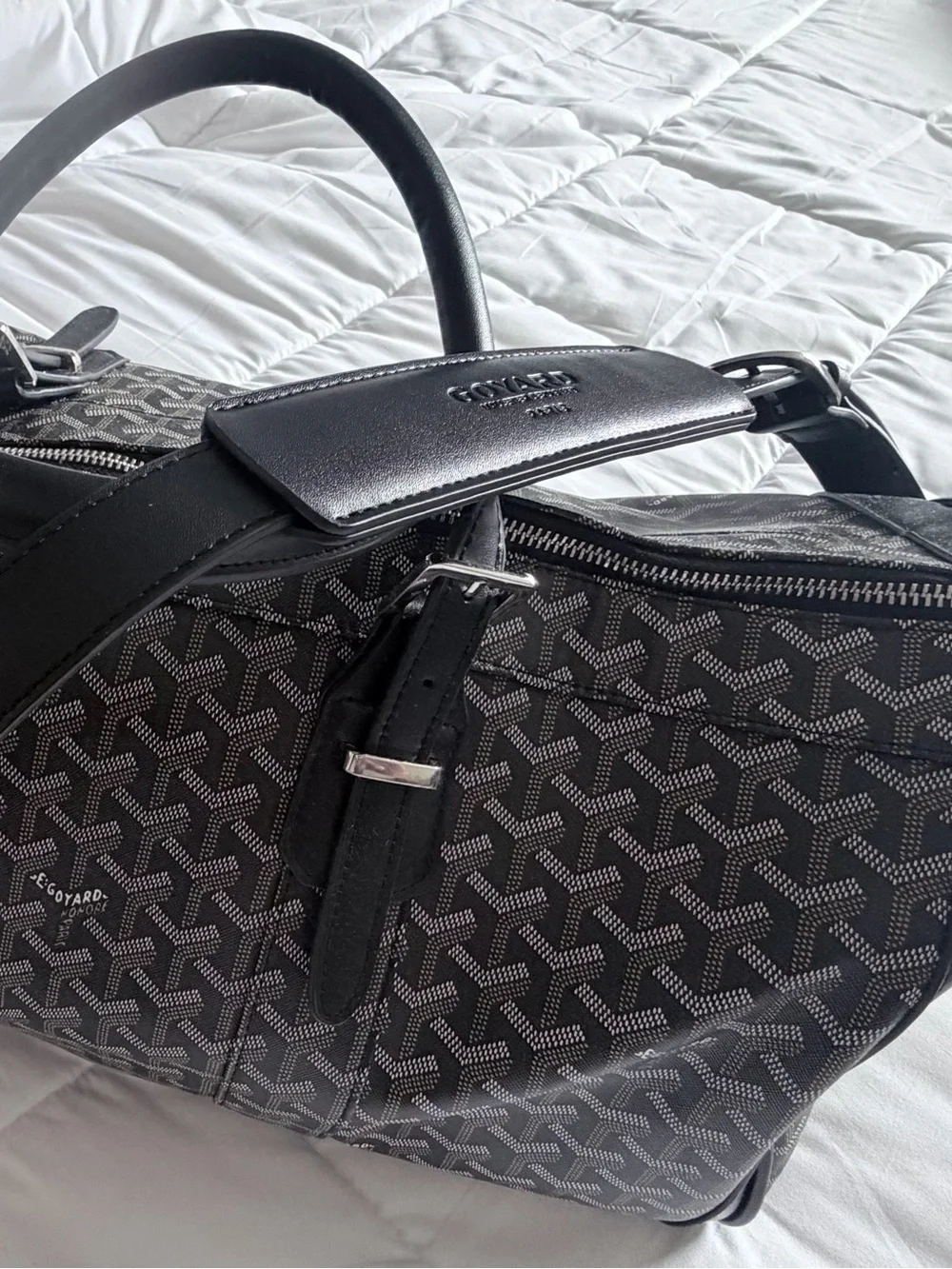 G Black Leather Trim Duffel Bag with Bright Orange Interior